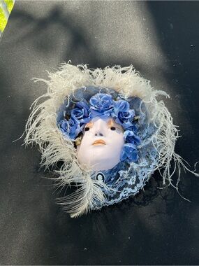 Vintage Blue Floral Venetian Clay Mask with Feathered,Flowers & Lace Trim